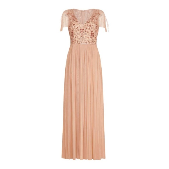 ADRIANNA PAPELL Rose Gold Beaded Embroidered Tulle Maxi Gown Dress 10 - Picture 8 of 15